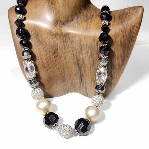 Chicos Black Silver Round Faceted Beaded Single Strand Chunky Statement Necklace